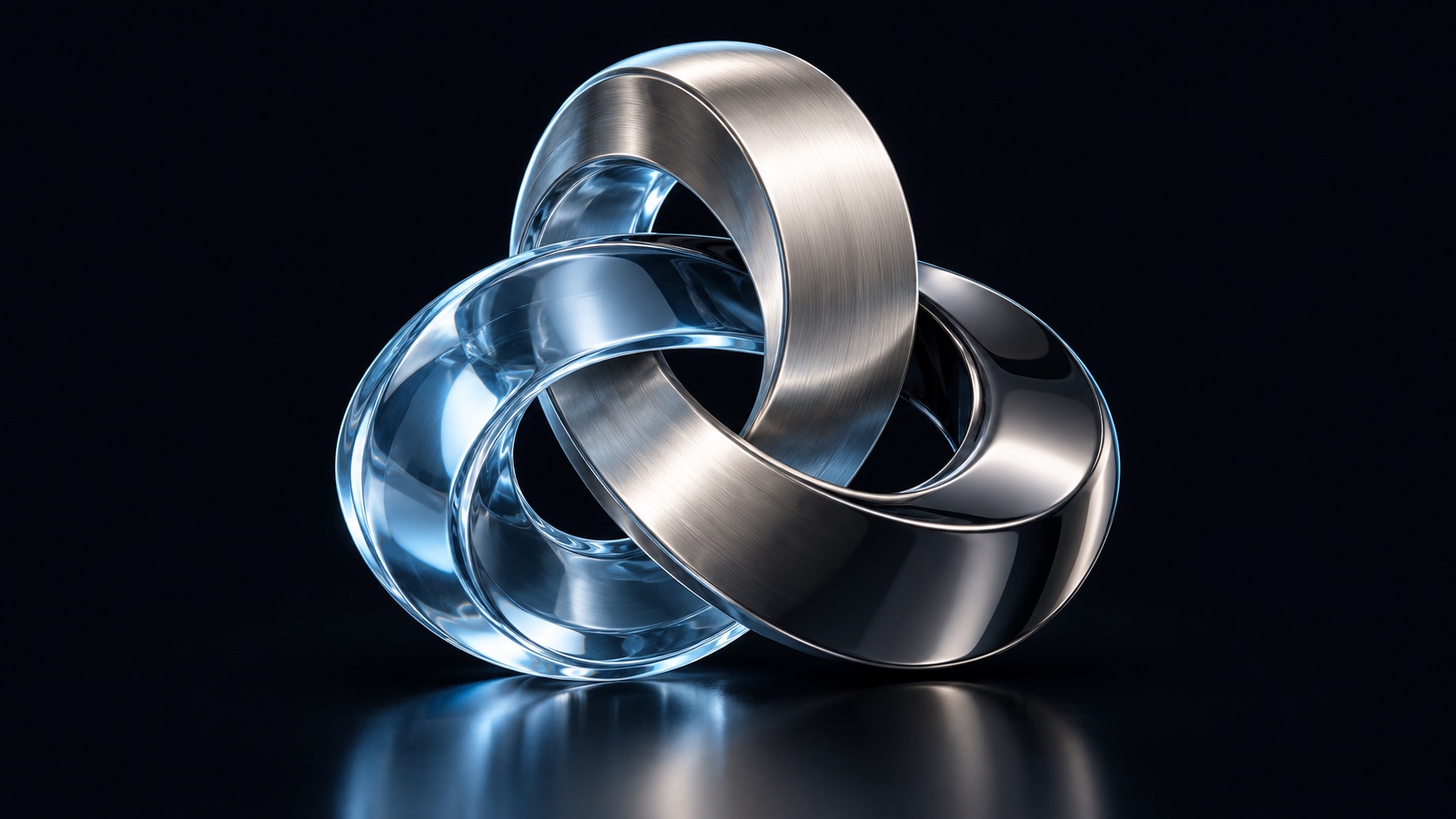 Trois matières, une même forme : une sculpture de métal et de verre bleu entrelacés.
